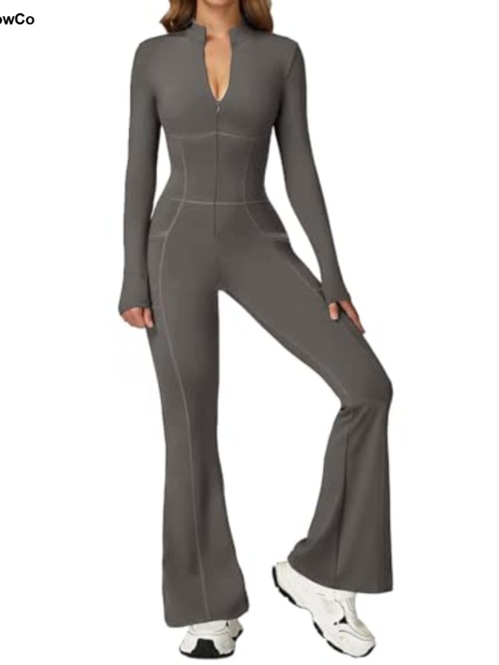 Long Sleeve Flared Jumpsuit Zip Up Catsuit Unitard High Neck One Piece - Picture 1 of 6